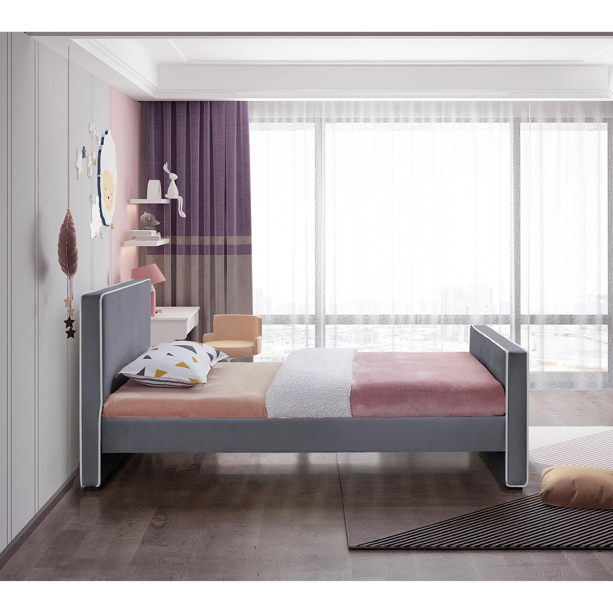 Meridian Dillard Grey Velvet Twin Bed