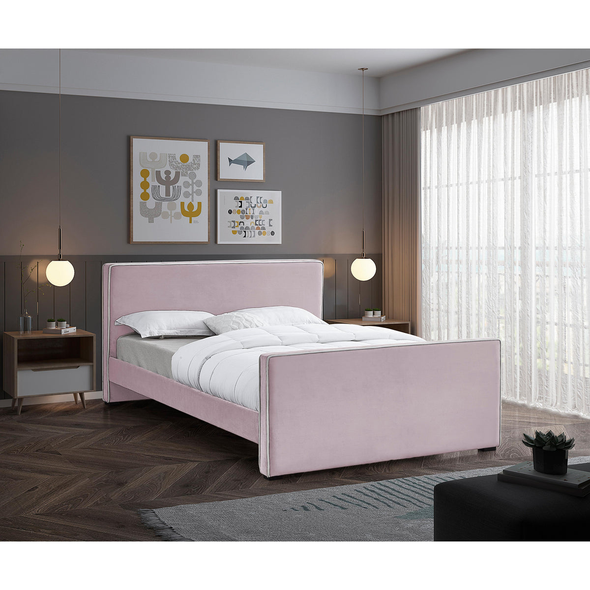 Meridian Dillard Pink Velvet Queen Bed