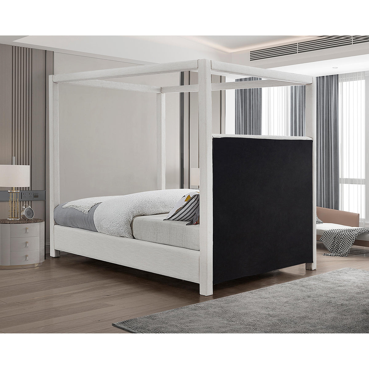 Meridian Emerson Cream Linen Textured Fabric King Bed (3 Boxes)