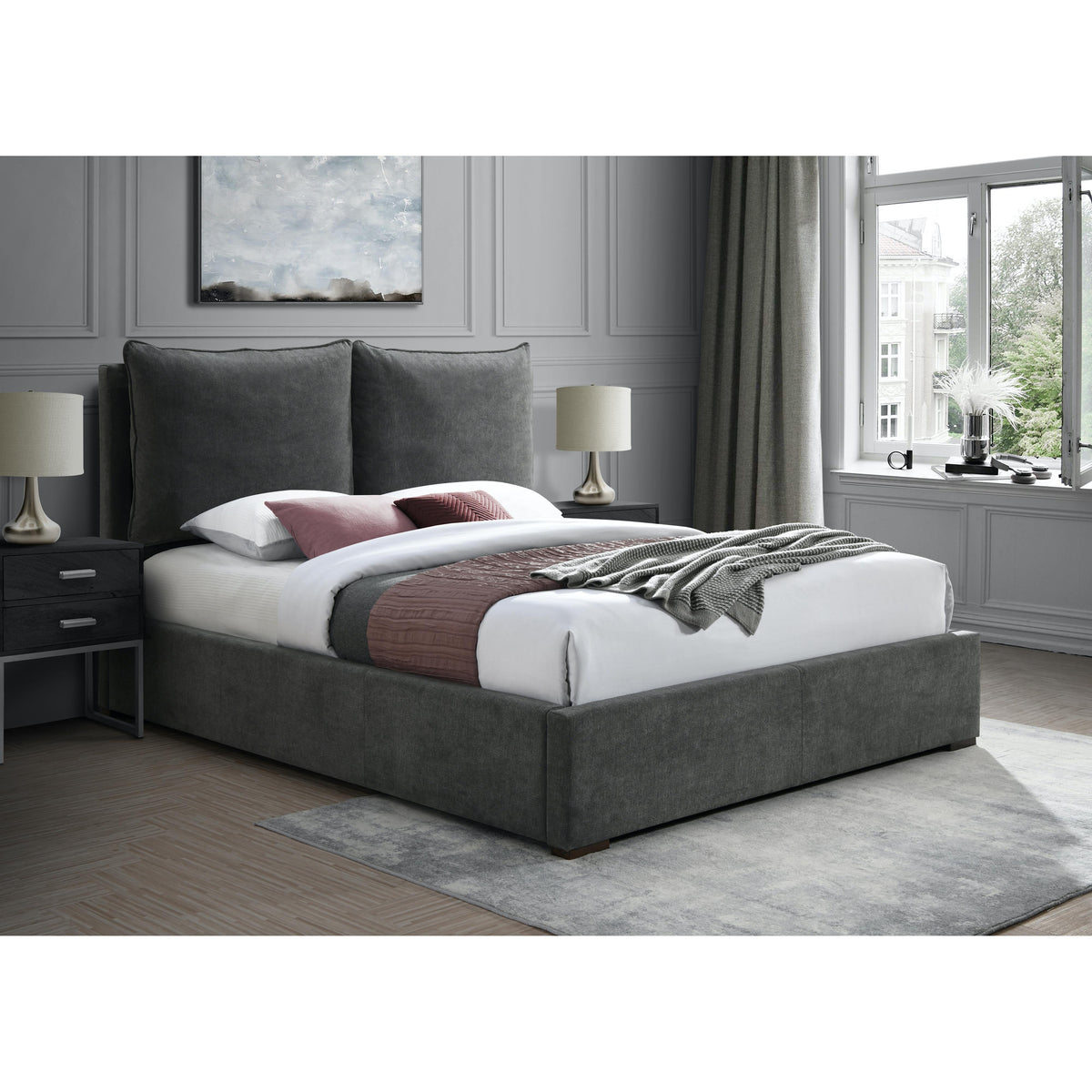 Meridian Misha Pepper Black Polyester Fabric Queen Bed (3 Boxes)