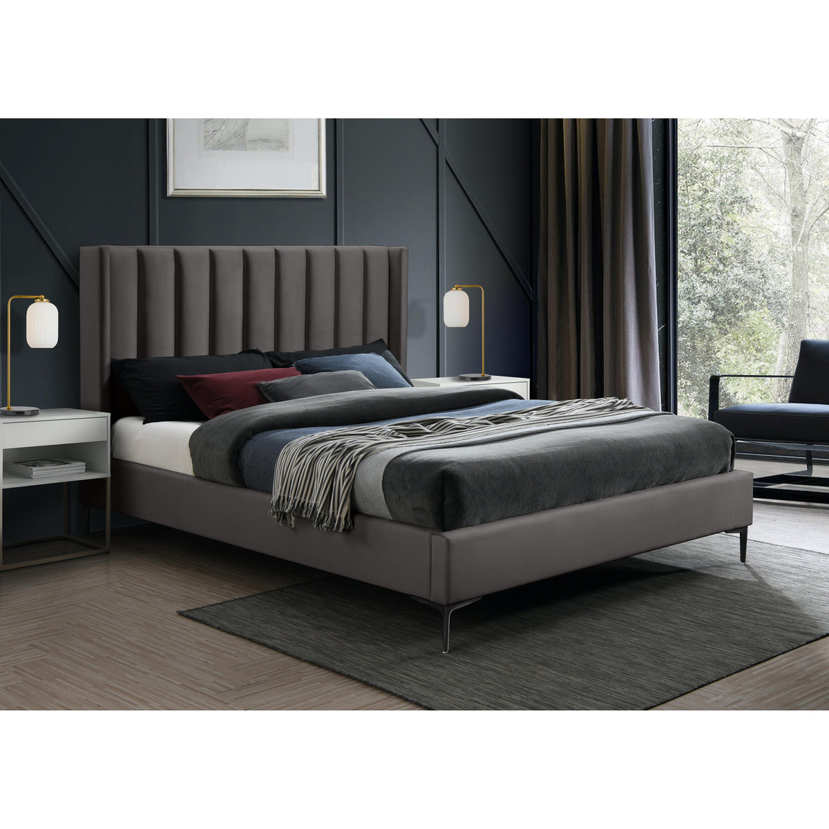 Meridian Nadia Grey Velvet Queen Bed