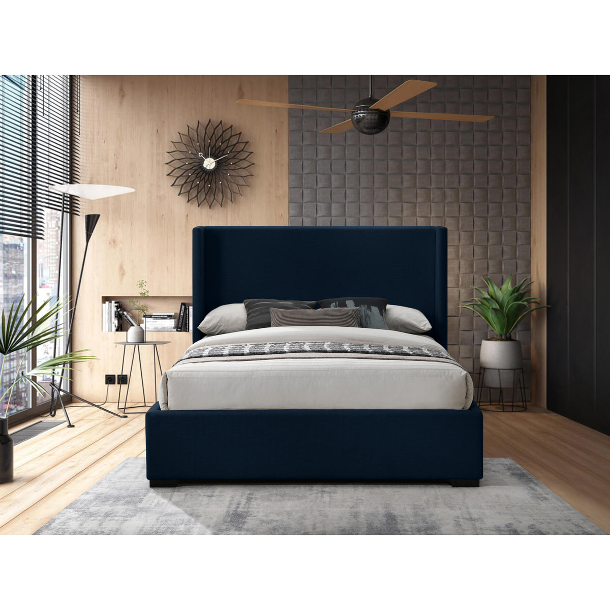 Meridian Oxford Navy Linen Textured Fabric King Bed (3 Boxes)