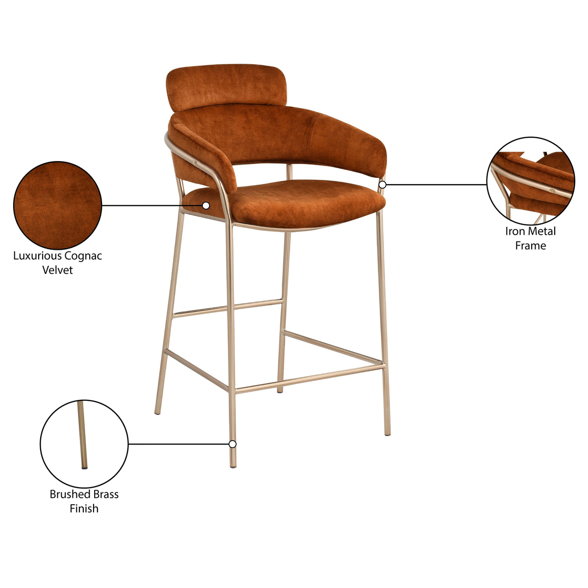 Meridian Yara Cognac Velvet Counter Stool