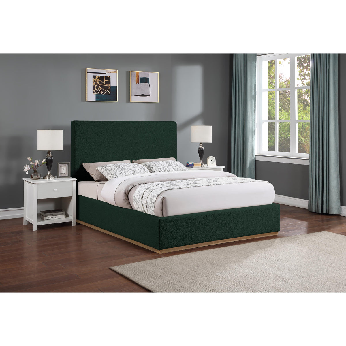 Meridian Monaco Green Boucle Fabric Full Bed