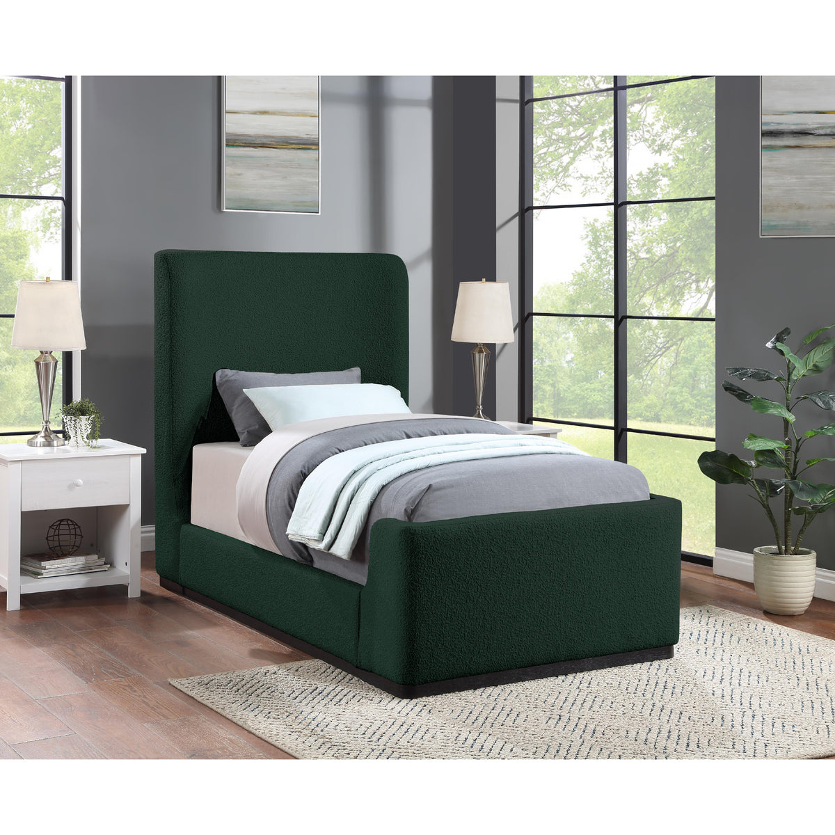 Meridian Oliver Green Boucle Fabric Twin Bed (3 Boxes)