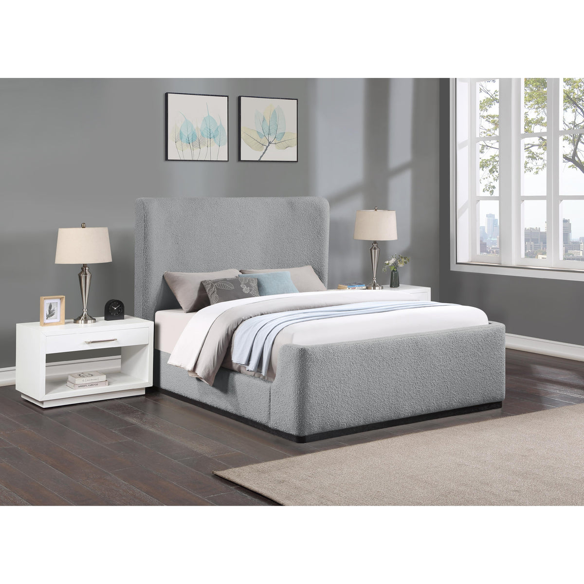 Meridian Oliver Grey Boucle Fabric Queen Bed (3 Boxes)