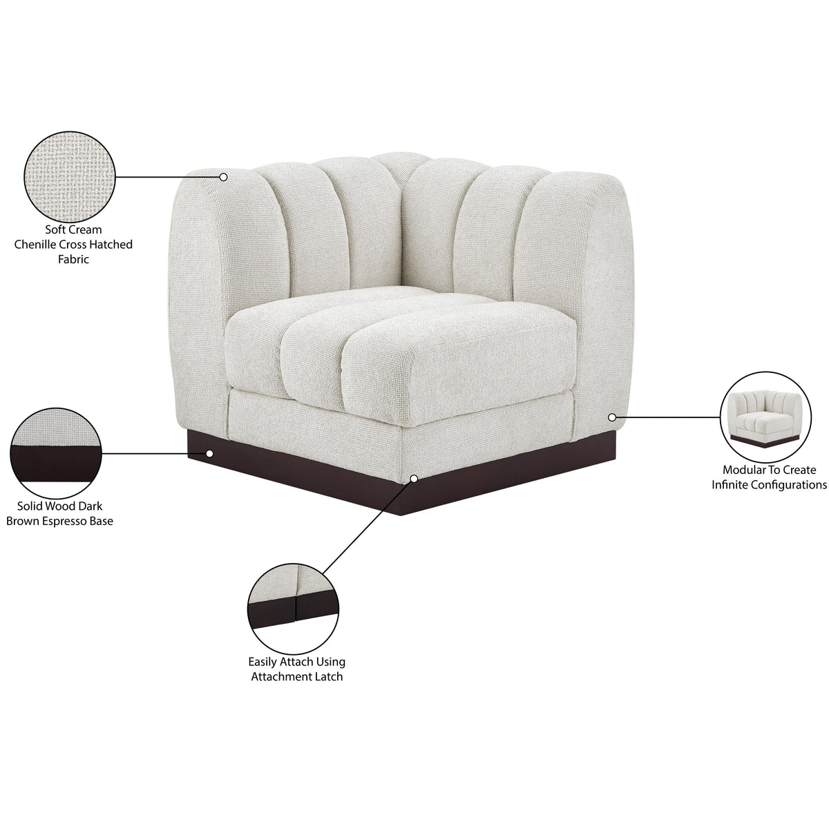 Meridian Quinn Cream Chenille Fabric Corner Chair