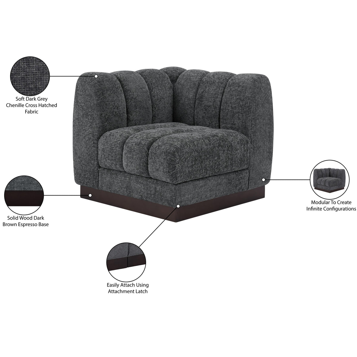 Meridian Quinn Grey Chenille Fabric Corner Chair