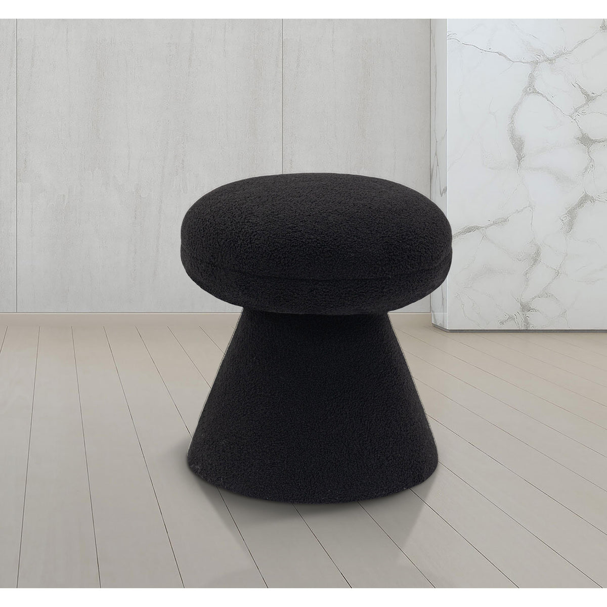 Meridian Drum Black Faux Shearling Teddy Fabric Ottoman/Stool