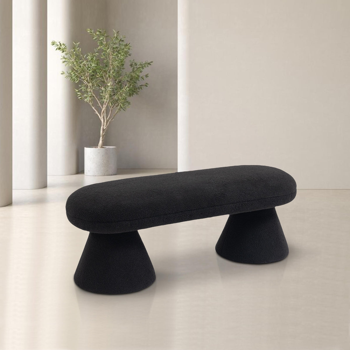 Meridian Drum Black Faux Shearling Teddy Fabric Bench