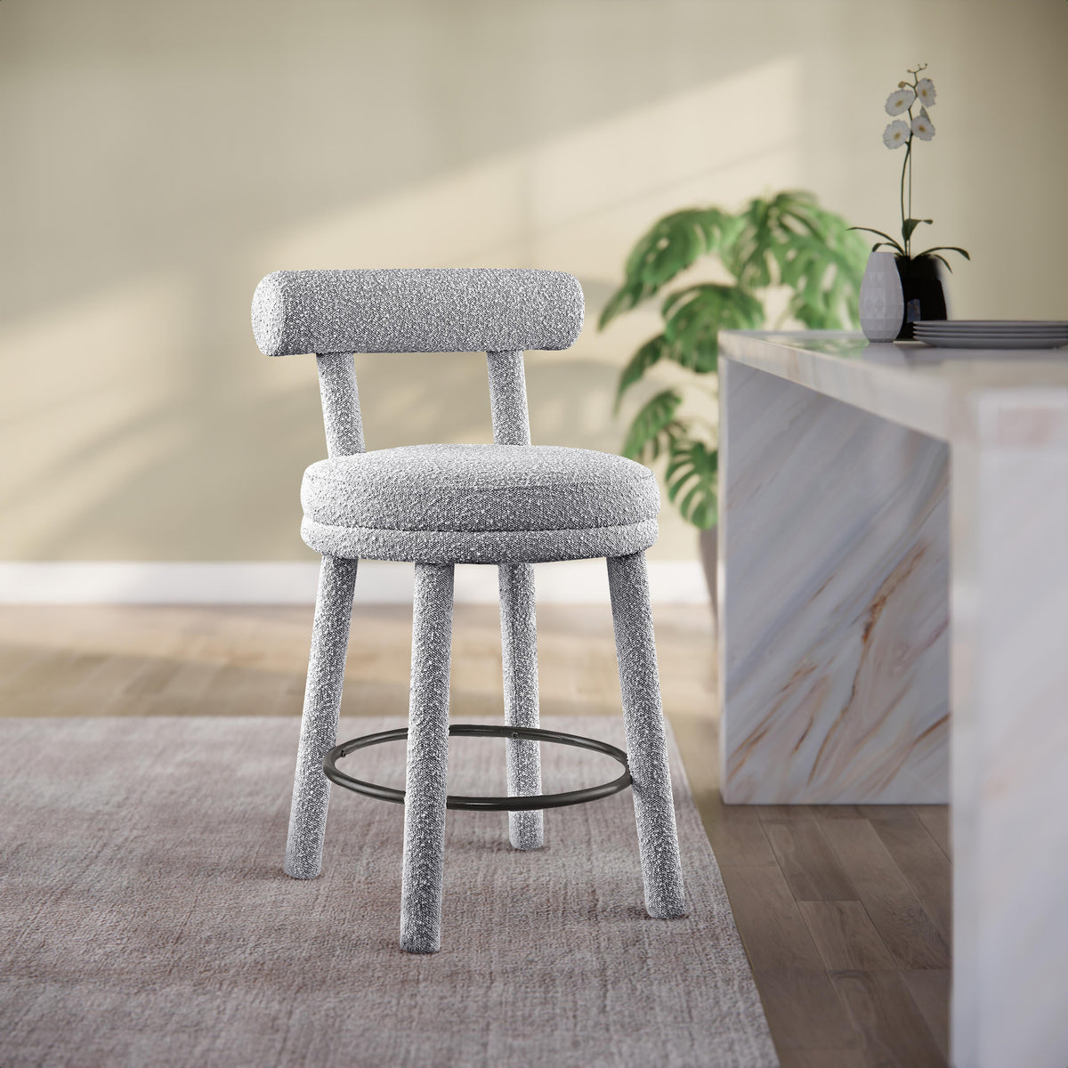 Meridian Parlor Grey Boucle Fabric Stool