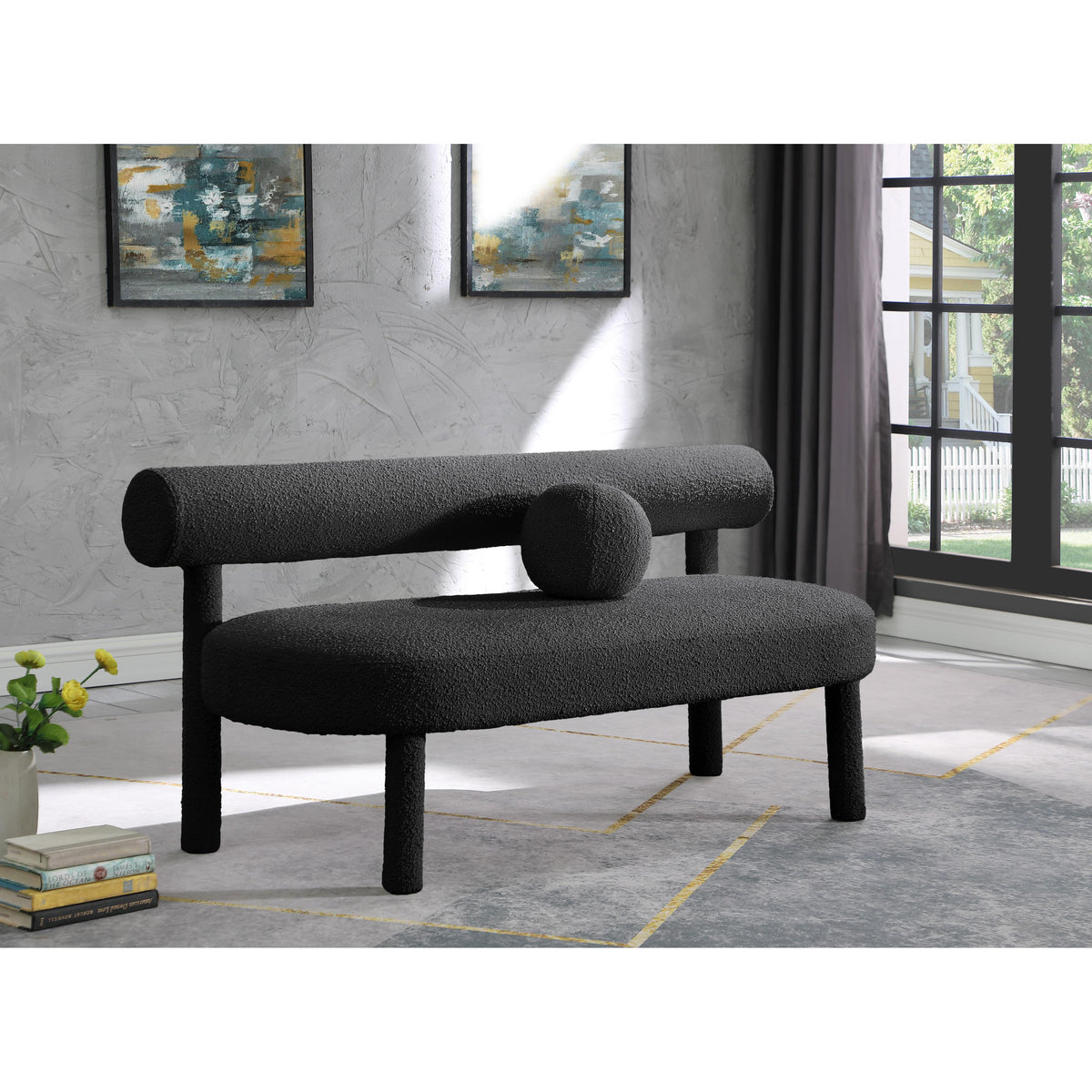 Meridian Parlor Black Boucle Fabric Bench