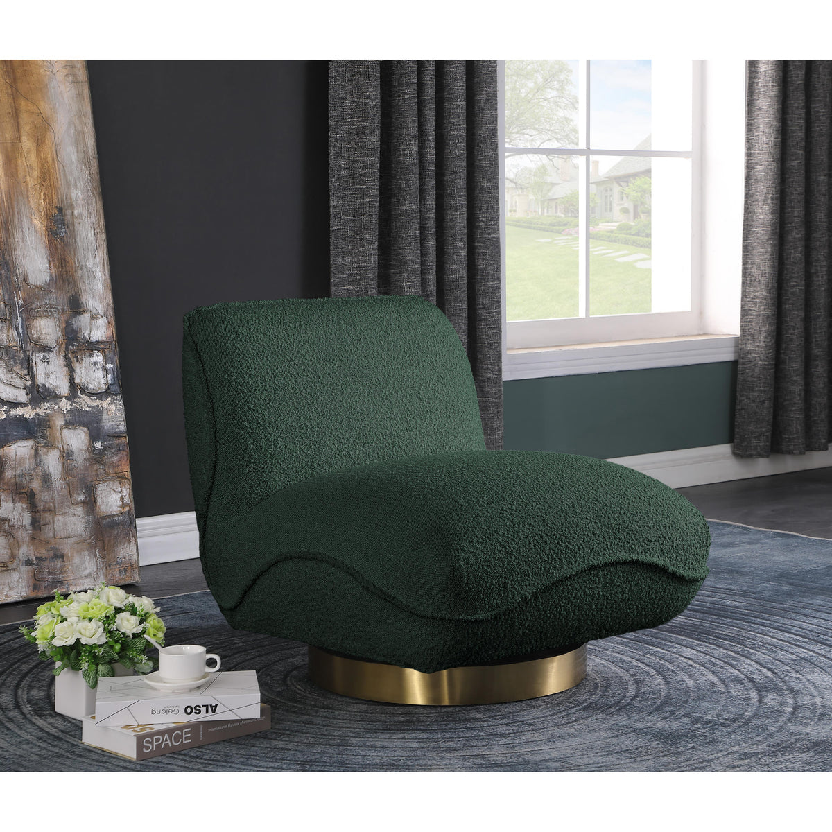 Meridian Geneva Green Boucle Fabric Swivel Accent Chair