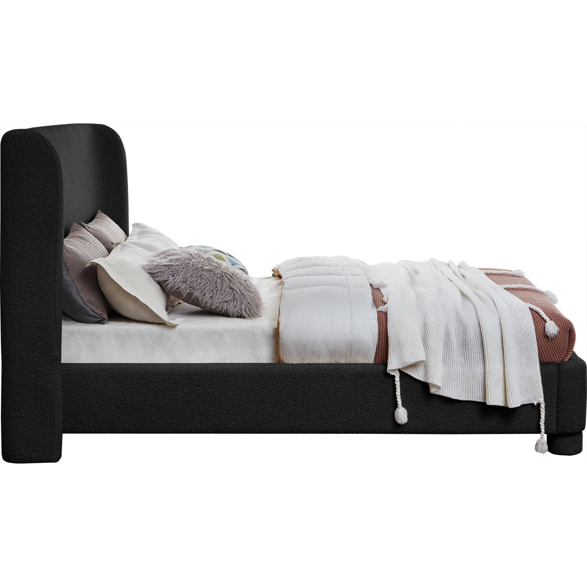 Meridian Penny Black Boucle Fabric Queen Bed