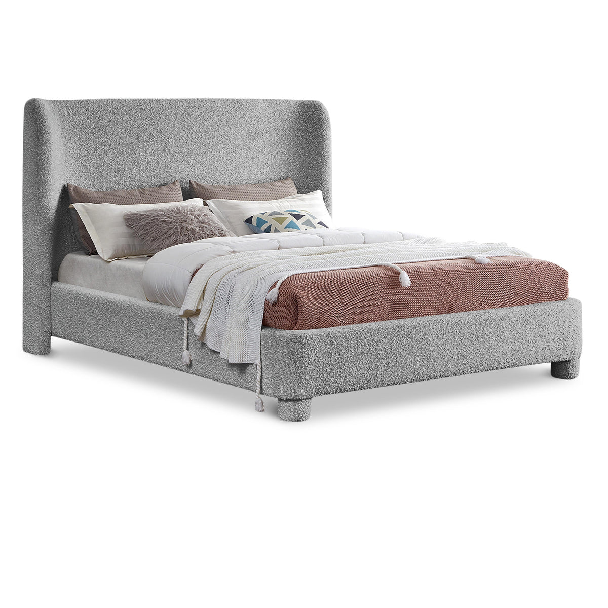 Meridian Penny Grey Boucle Fabric King Bed