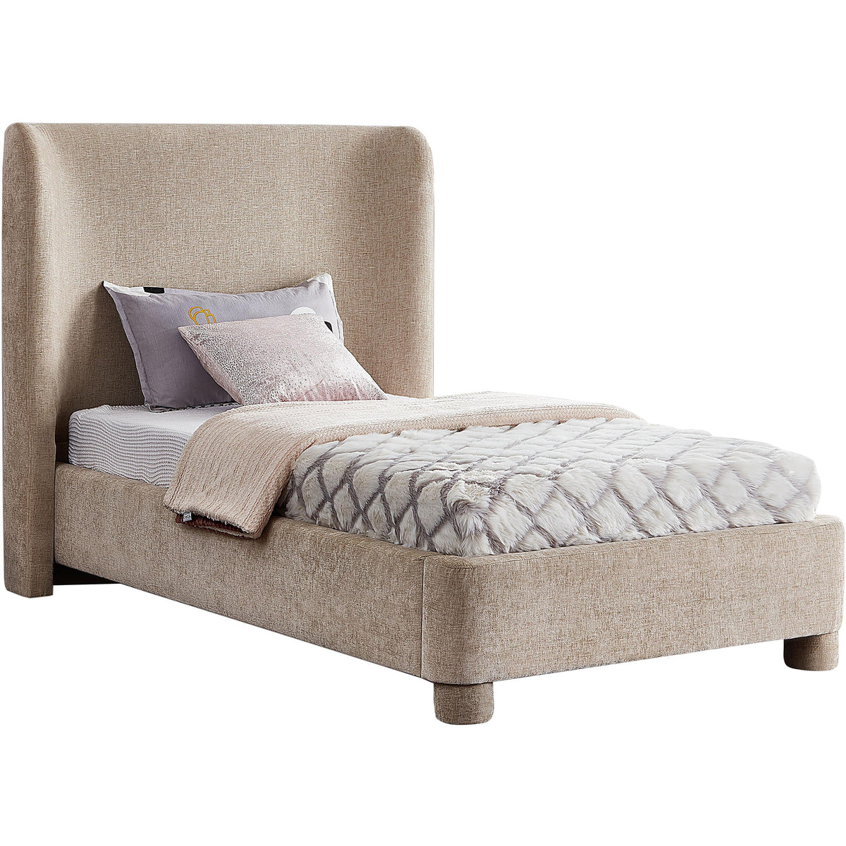 Meridian Penny Beige Chenille Fabric Twin Bed