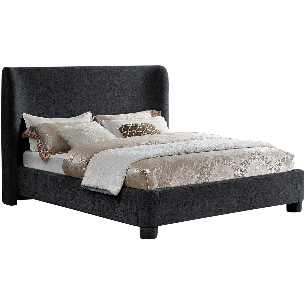 Meridian Penny Black Chenille Fabric King Bed