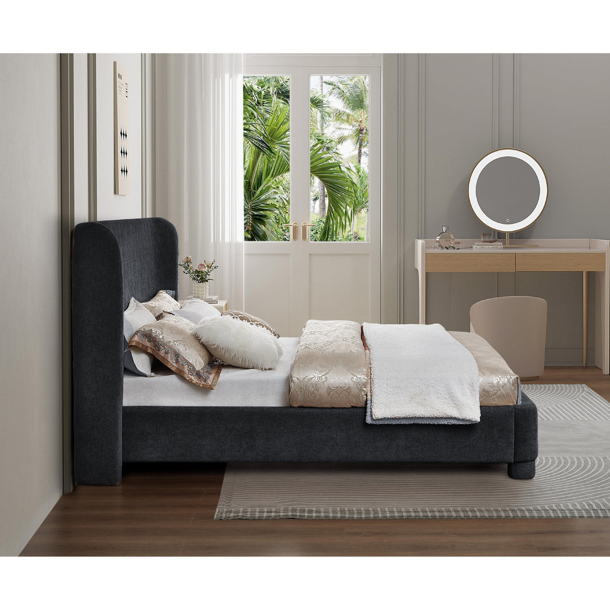 Meridian Penny Black Chenille Fabric King Bed