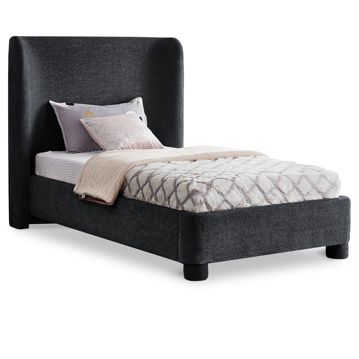 Meridian Penny Black Chenille Fabric Twin Bed