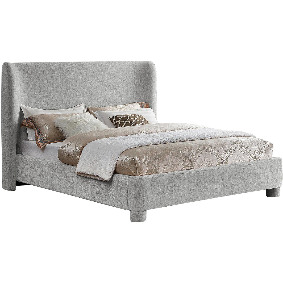 Meridian Penny Light Grey Chenille Fabric Queen Bed