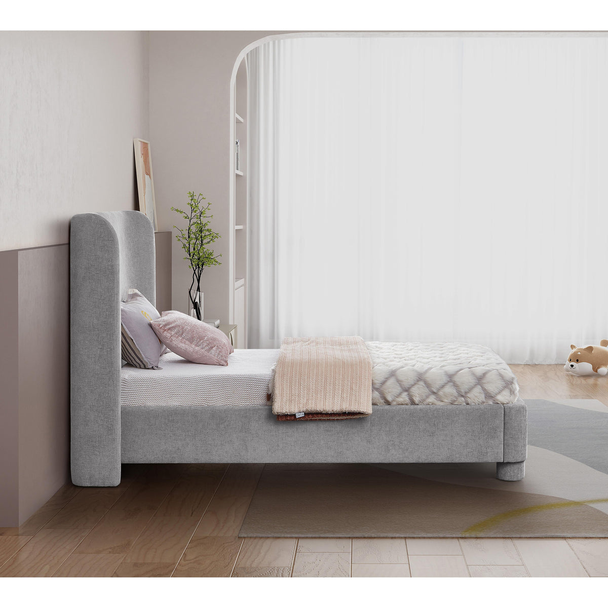 Meridian Penny Light Grey Chenille Fabric Twin Bed