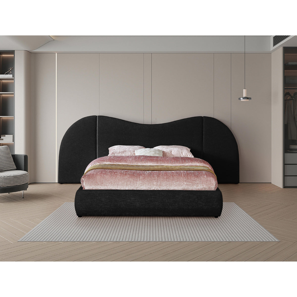 Meridian Everest Black Linen Textured Fabric King Bed (3 Boxes)