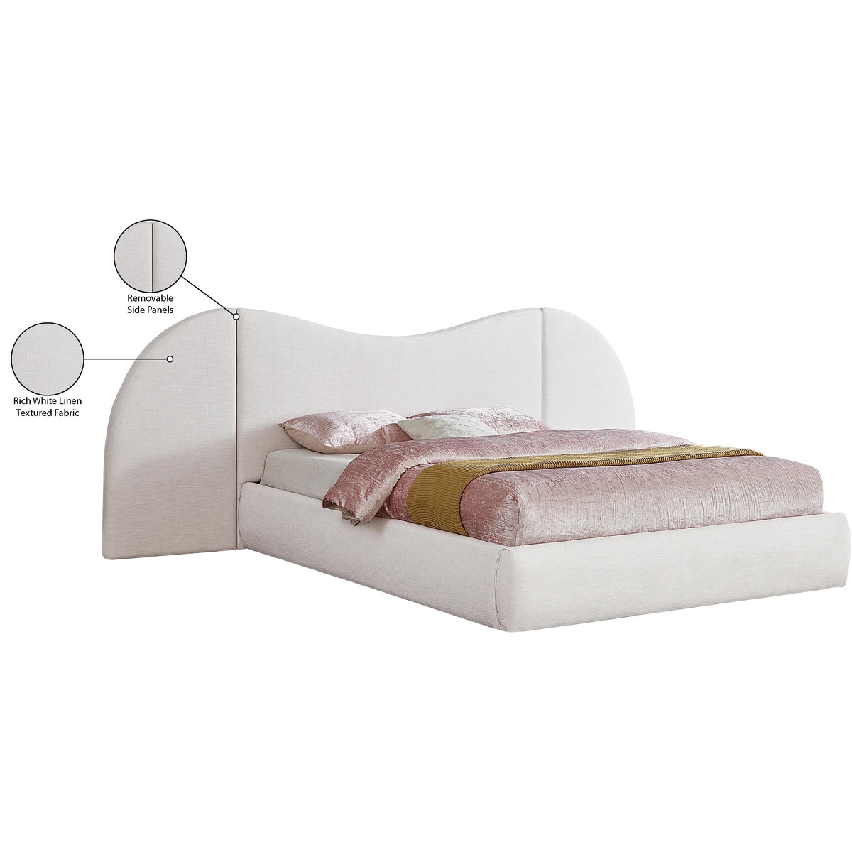Meridian Everest White Linen Textured Fabric Queen Bed (3 Boxes)