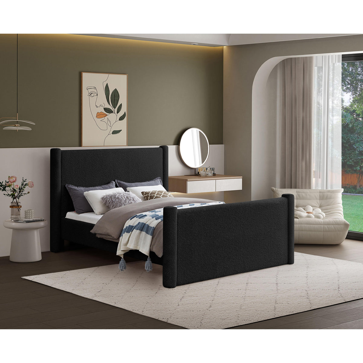 Meridian Elias Black Boucle Fabric Queen Bed