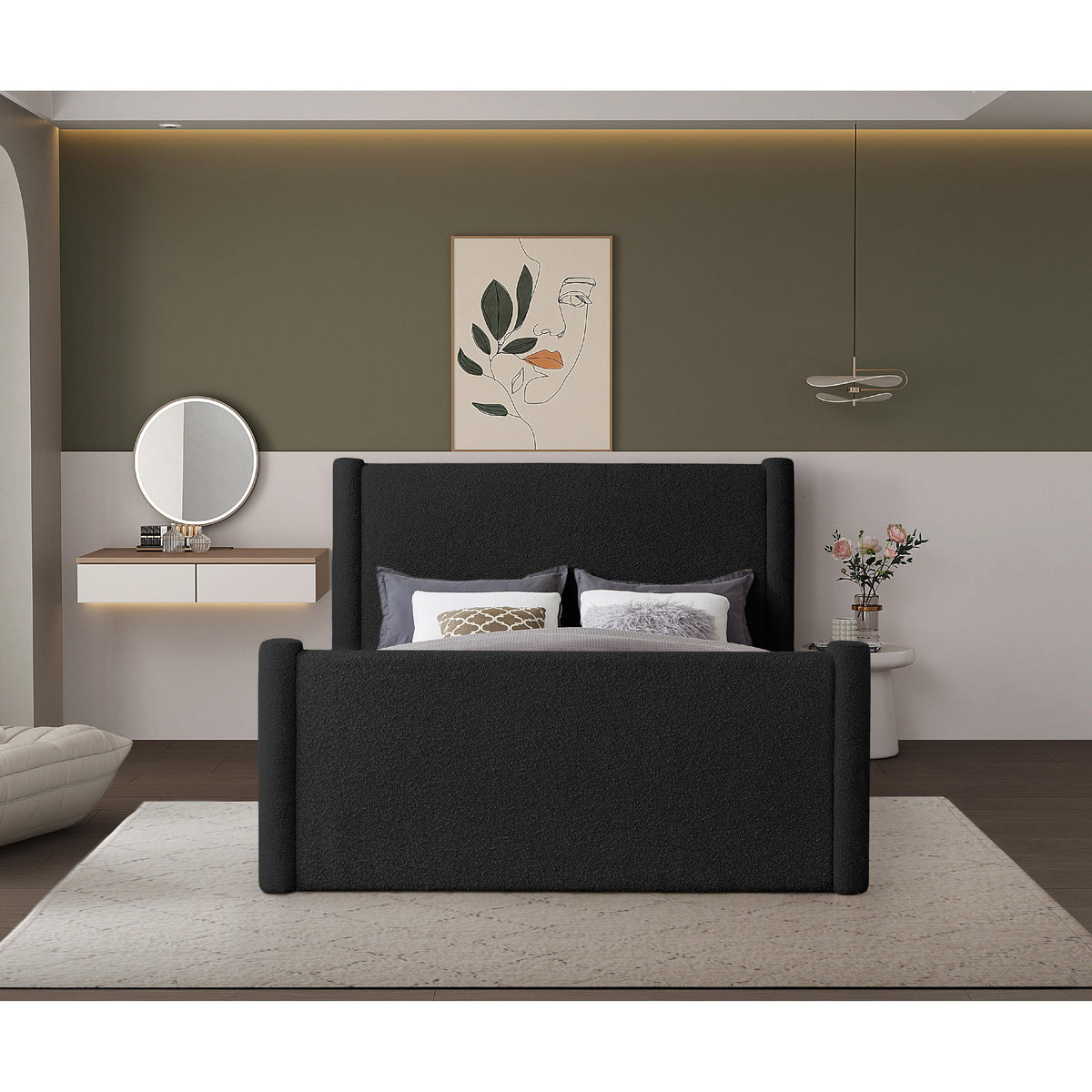 Meridian Elias Black Boucle Fabric Queen Bed