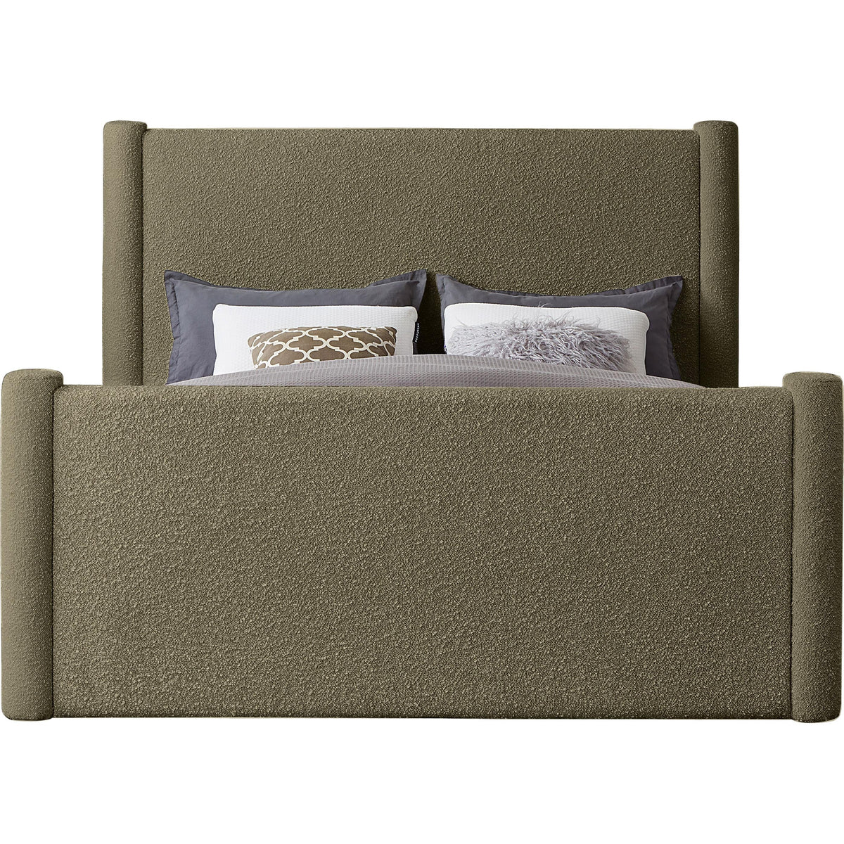 Meridian Elias Olive Green Boucle Fabric Queen Bed