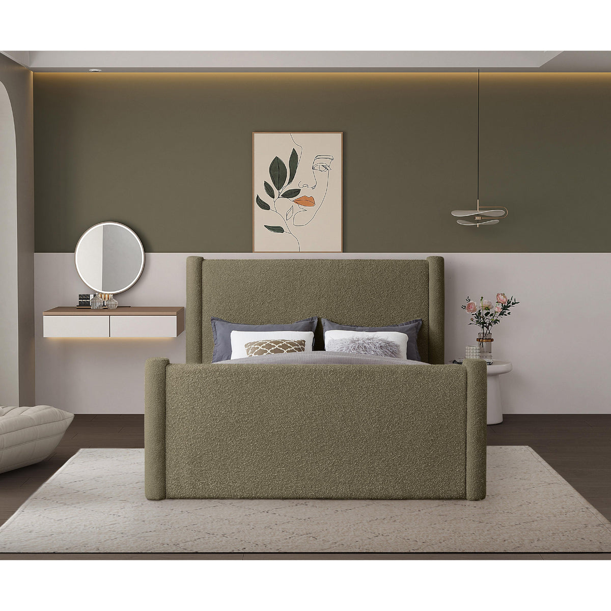 Meridian Elias Olive Green Boucle Fabric Queen Bed
