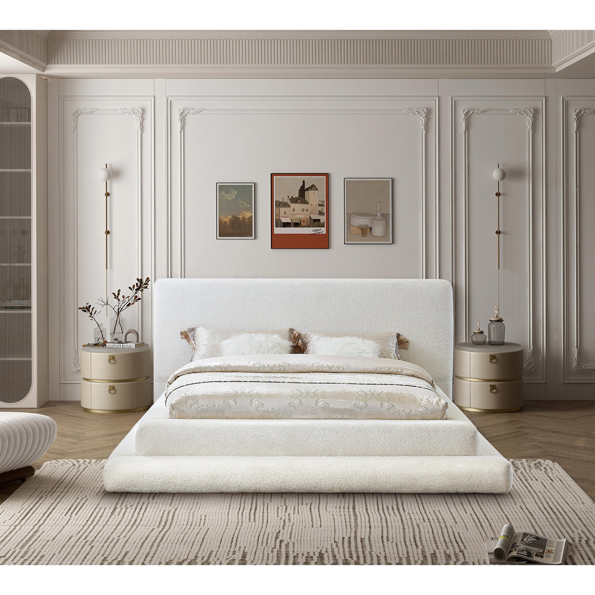 Meridian Dane Cream Teddy Fabric Queen Bed (3 Boxes)
