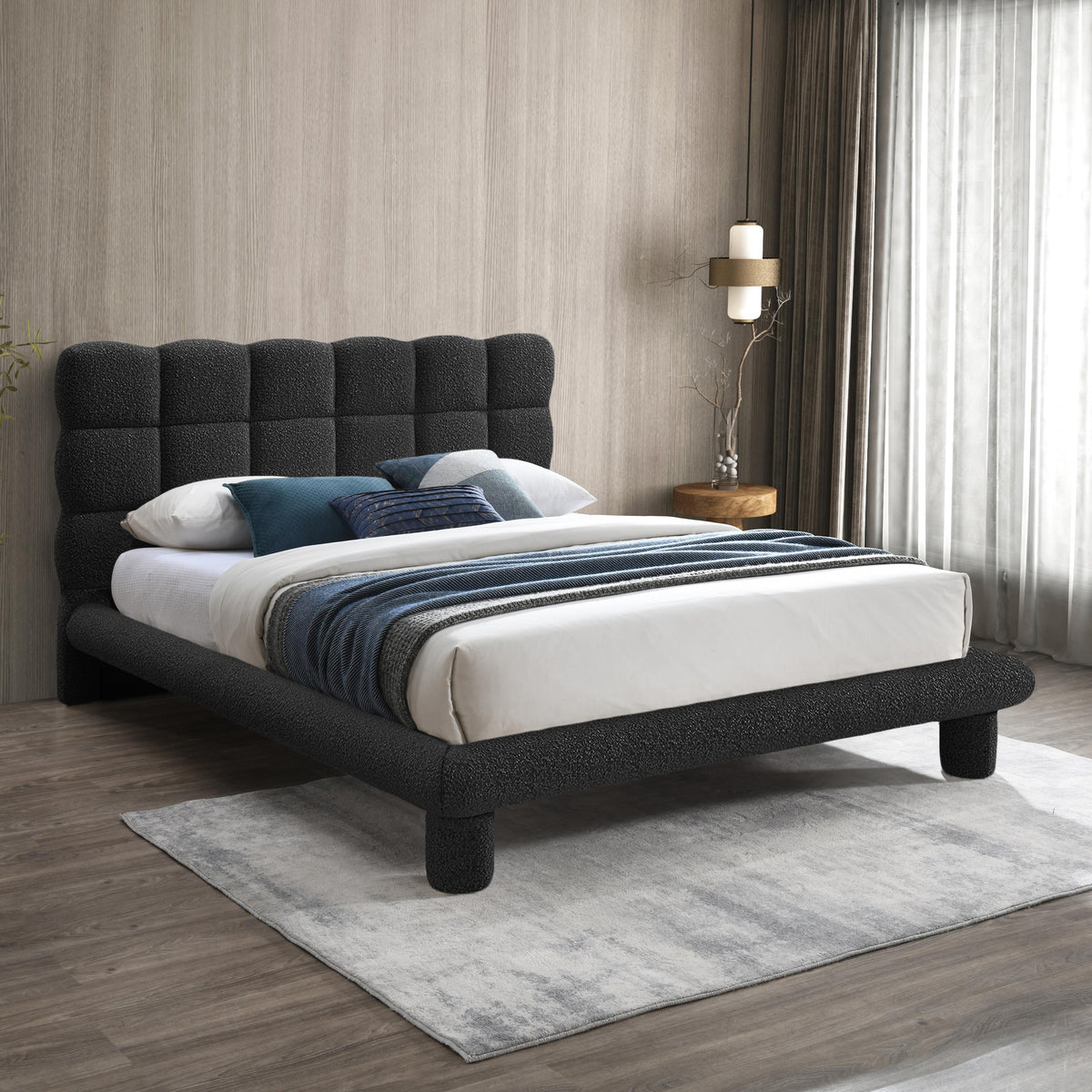 Meridian Deco Black Boucle Fabric Queen Bed (3 Boxes)