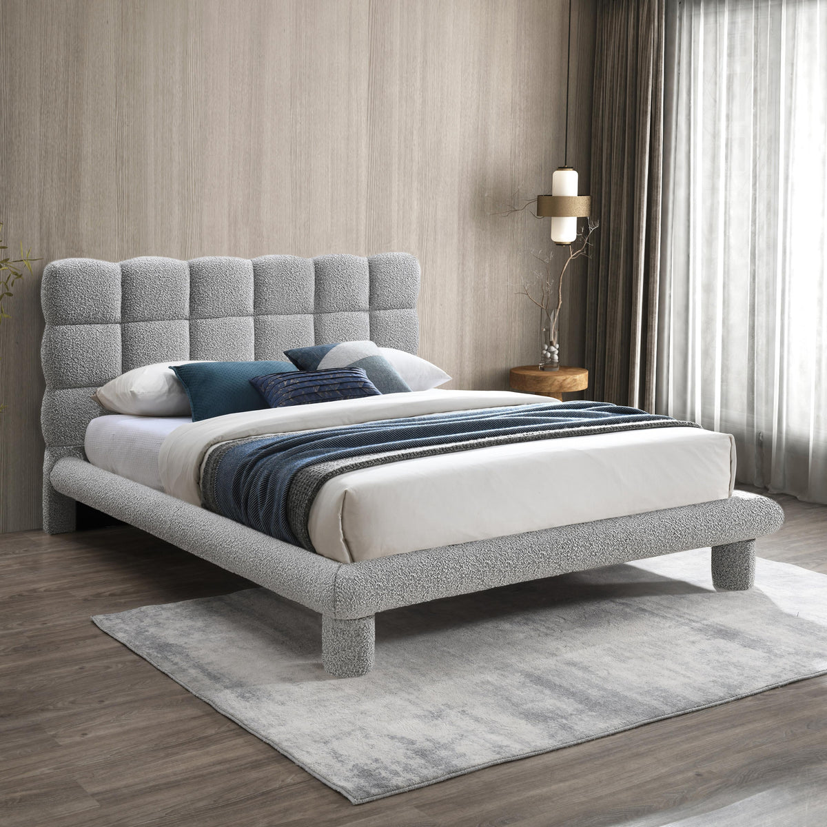 Meridian Deco Grey Boucle Fabric King Bed (3 Boxes)