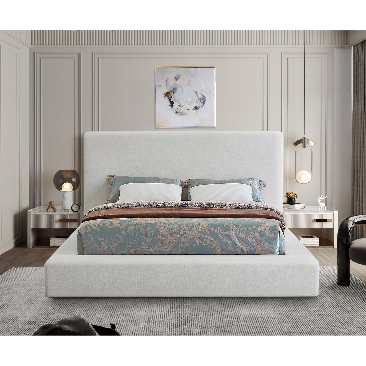 Meridian Devin Cream Linen Textured Fabric Queen Bed