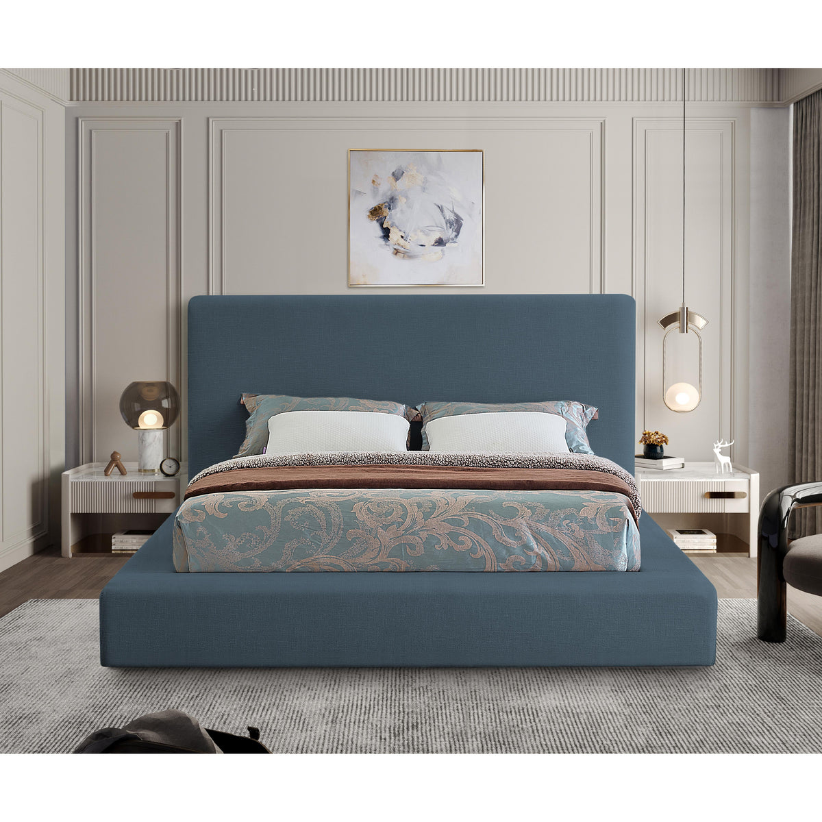 Meridian Devin Navy Linen Textured Fabric King Bed