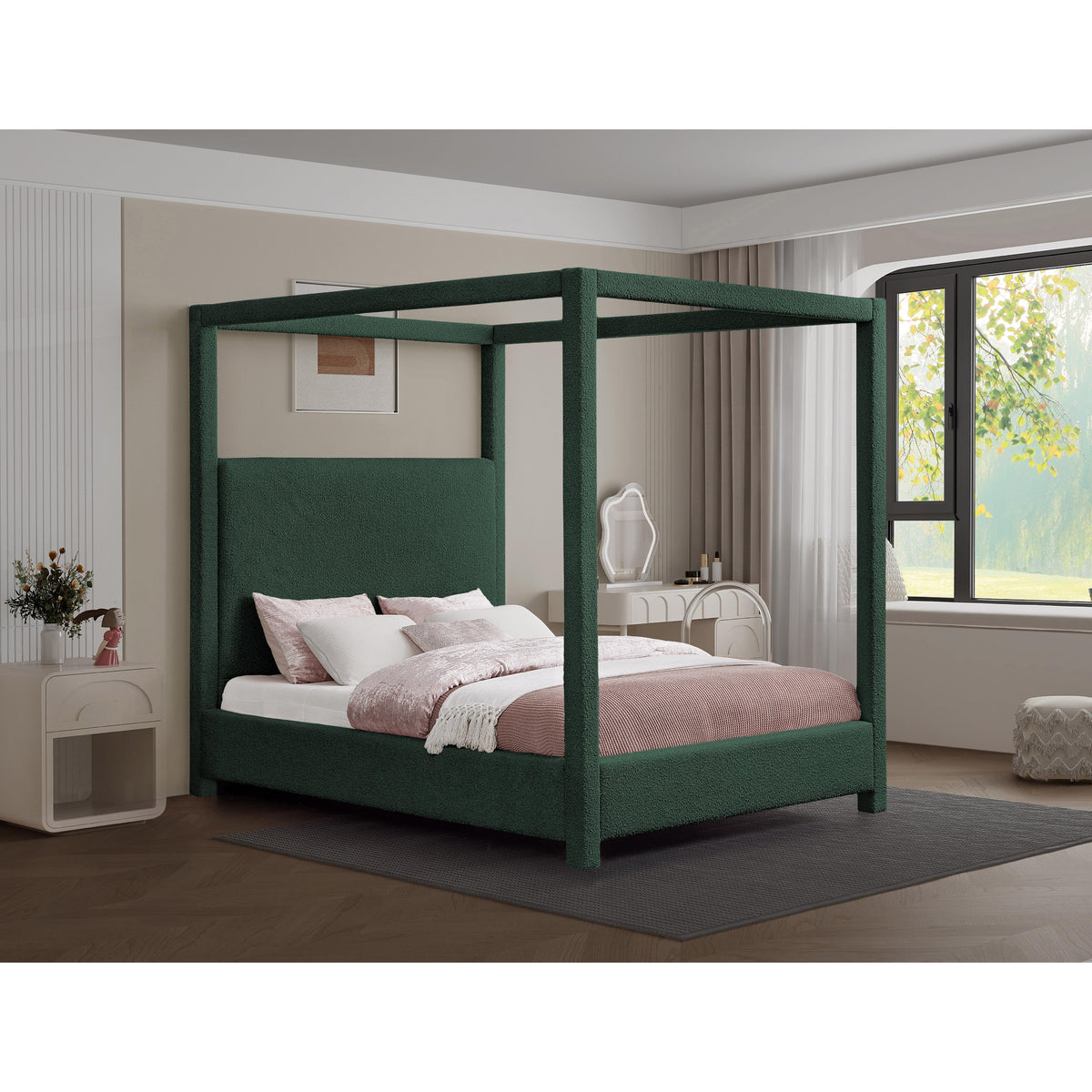 Meridian Eden Green Boucle Fabric King Bed (3 Boxes)