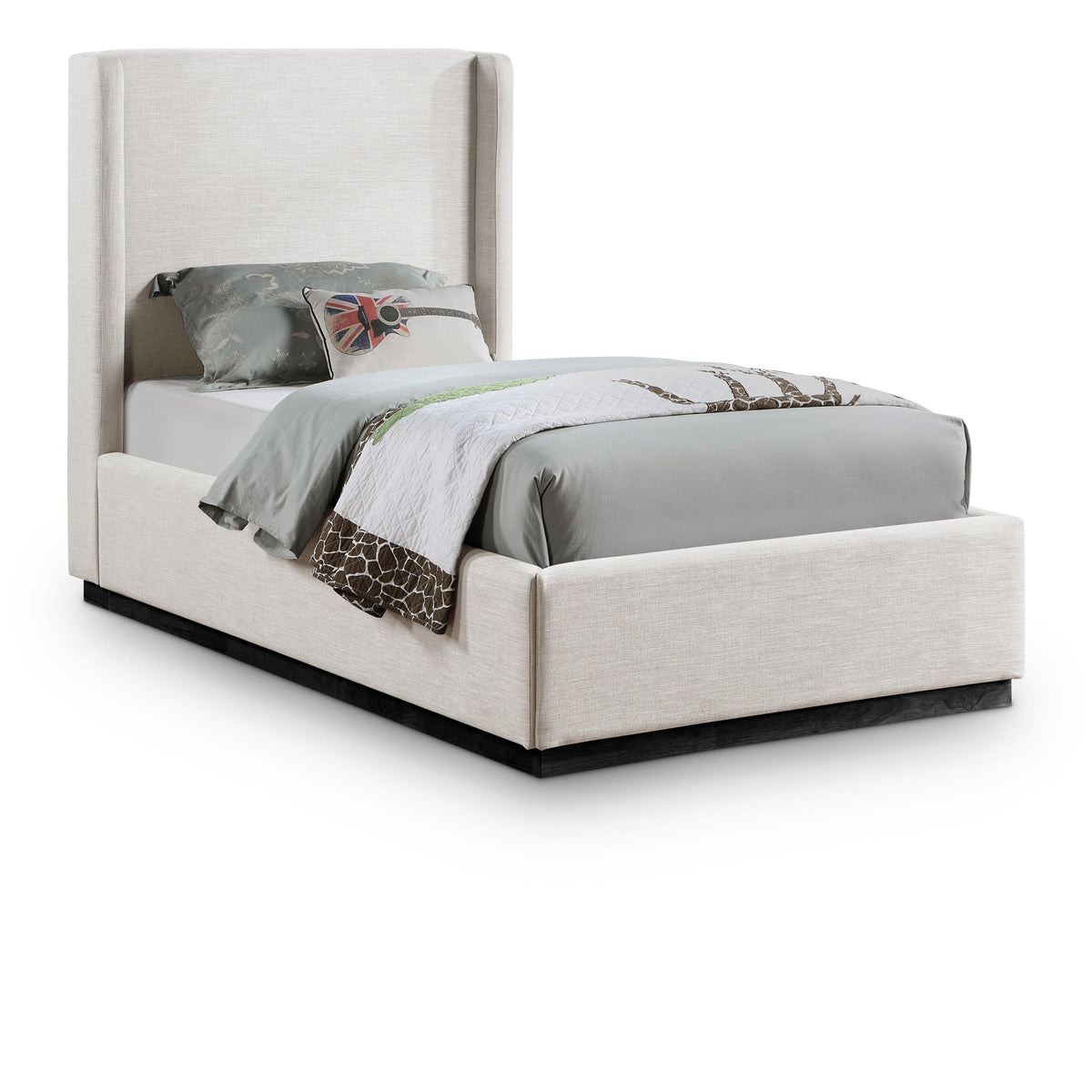 Meridian Flynn Beige Linen Textured Fabric Twin Bed