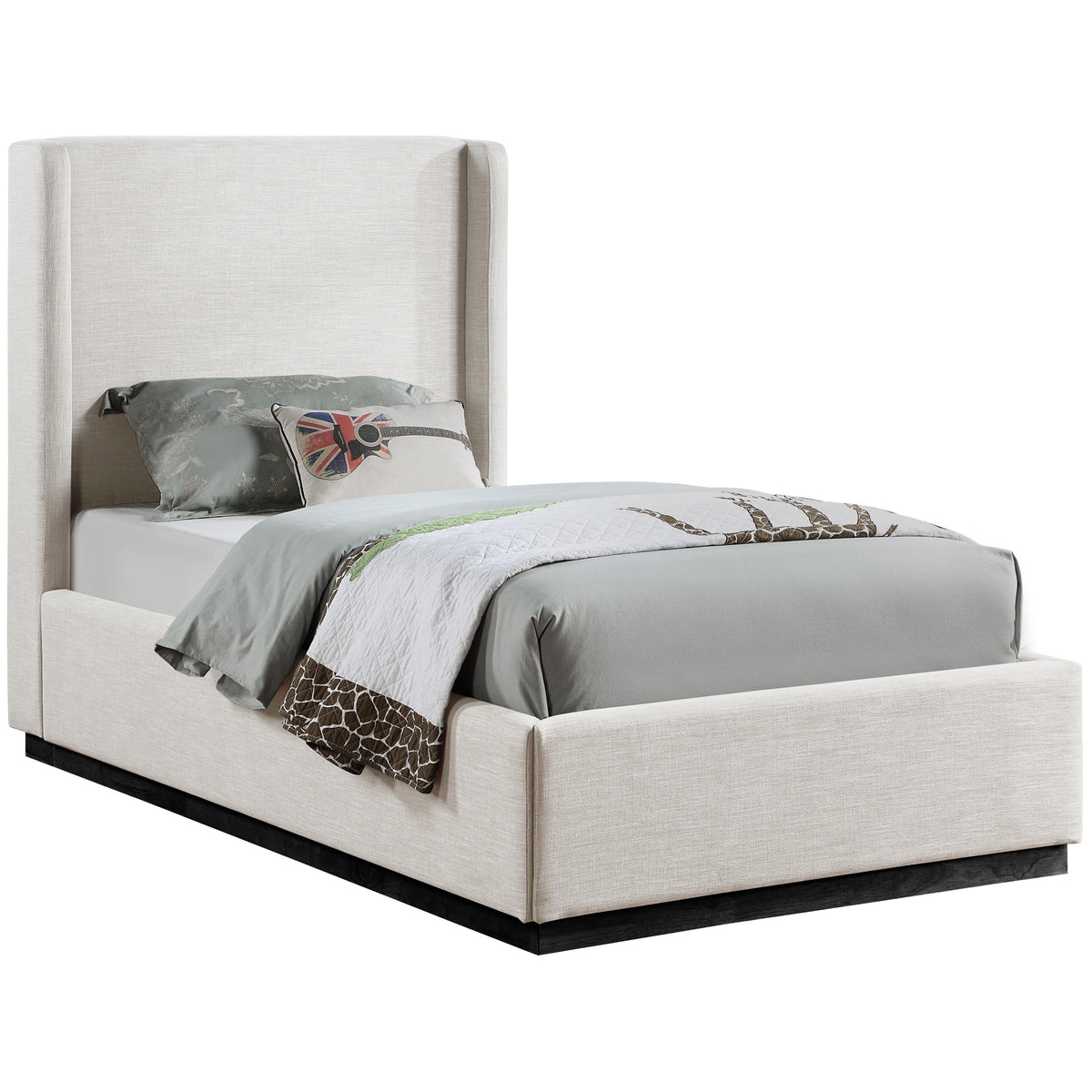 Meridian Flynn Beige Linen Textured Fabric Twin Bed
