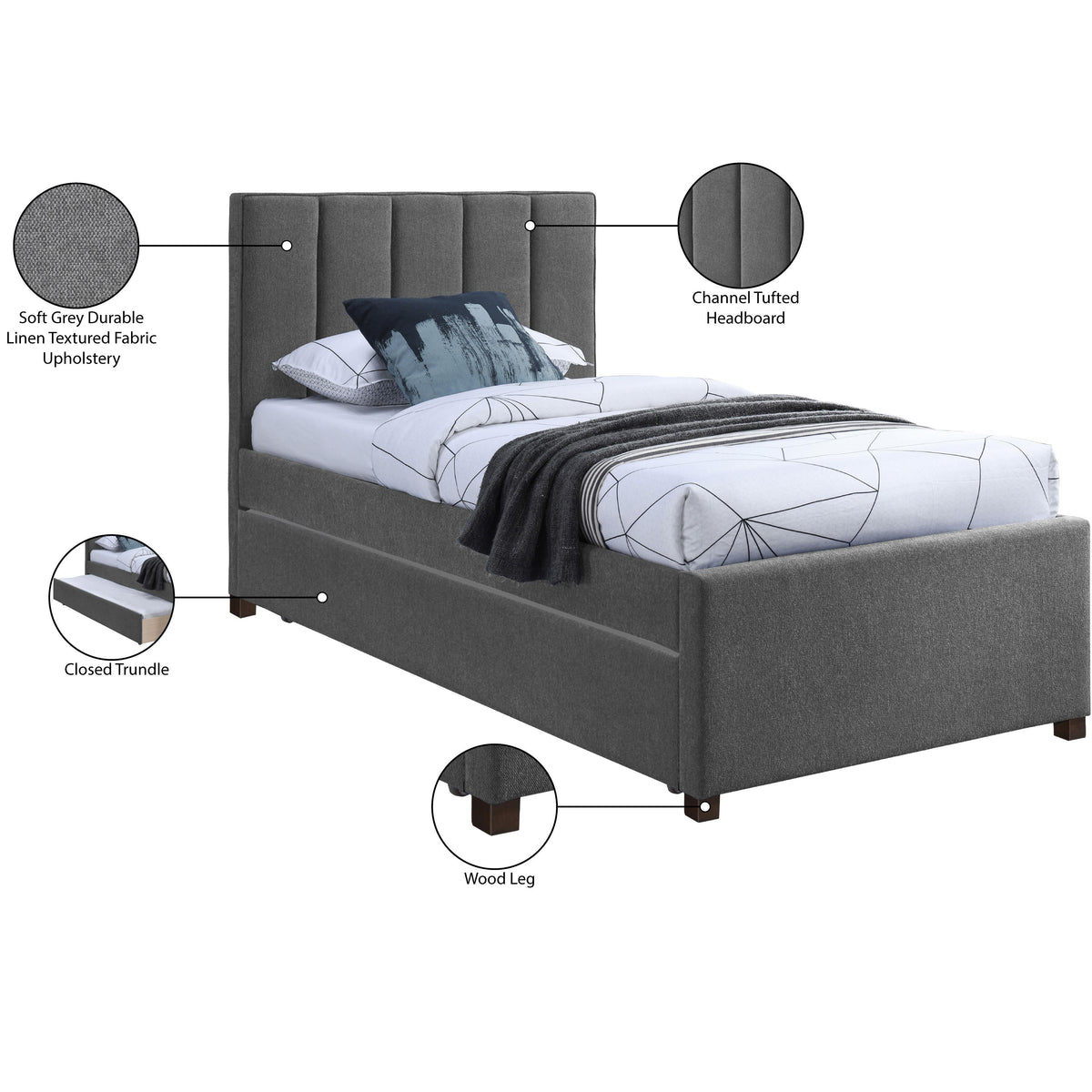 Meridian Harper Grey Linen Textured Fabric Twin Trundle Bed
