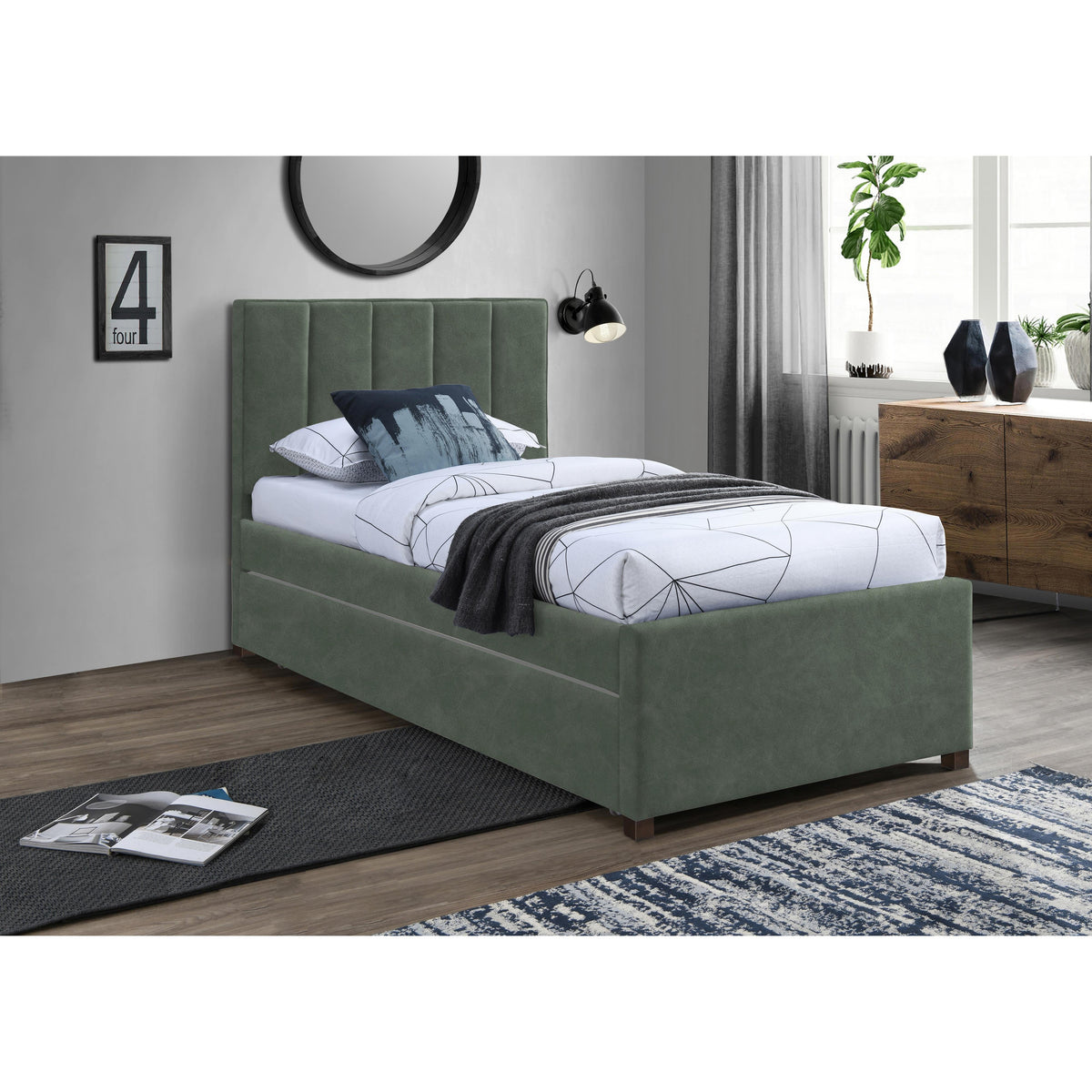 Meridian Hudson Green Vegan Leather Twin Trundle Bed