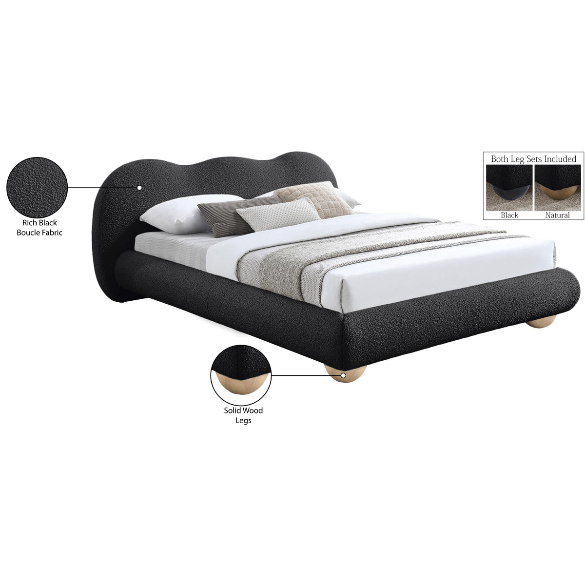 Meridian Hyde Black Boucle Fabric Full Bed (3 Boxes)