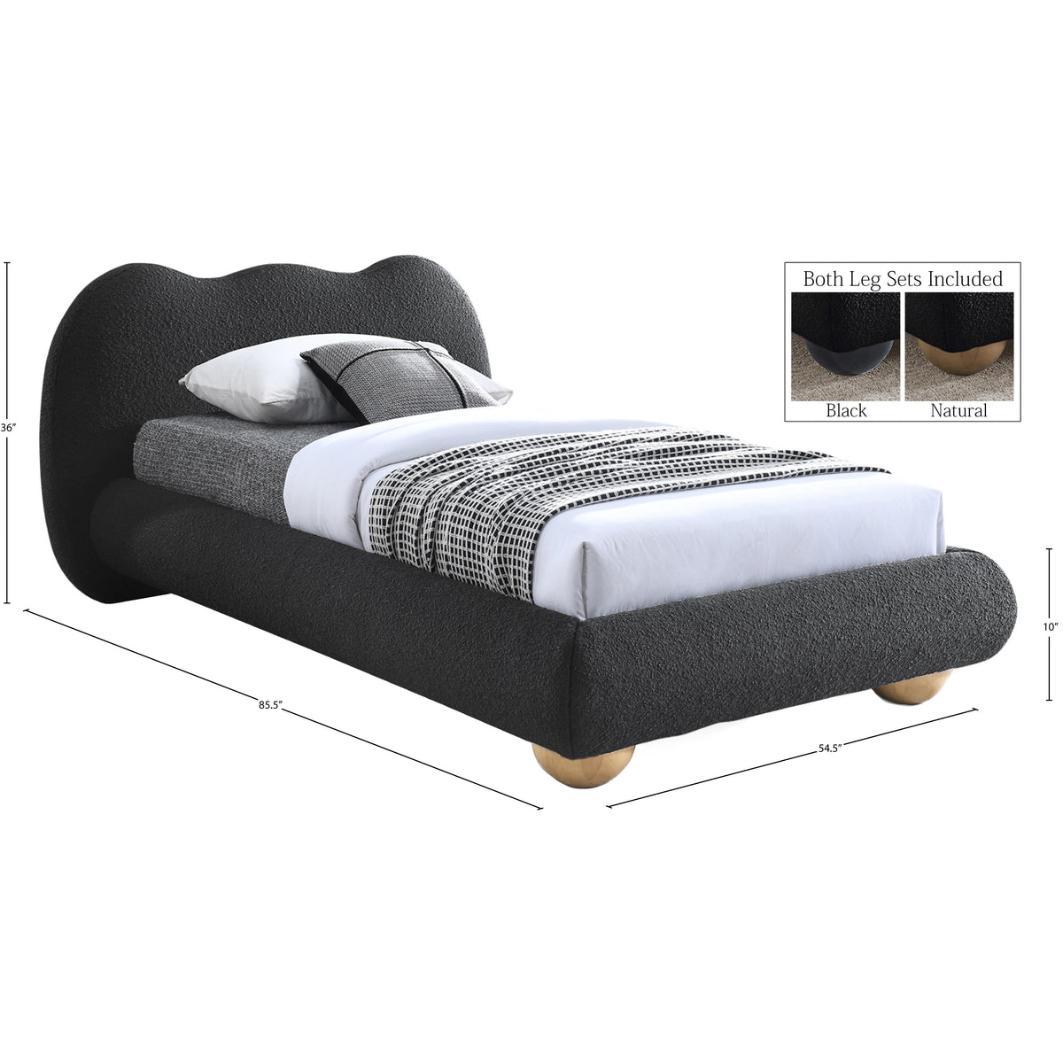 Meridian Hyde Black Boucle Fabric Twin Bed (3 Boxes)