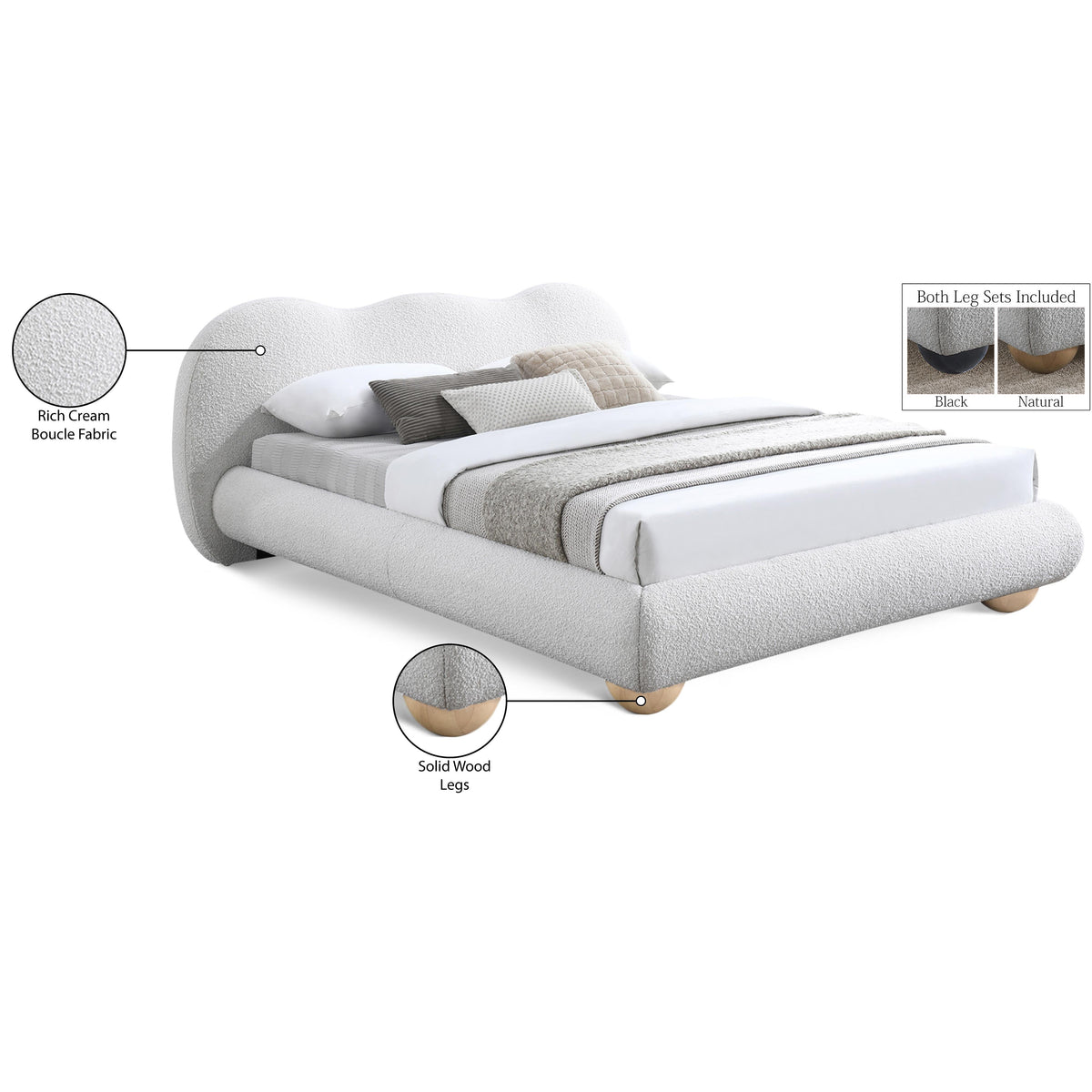 Meridian Hyde Cream Boucle Fabric Queen Bed (3 Boxes)