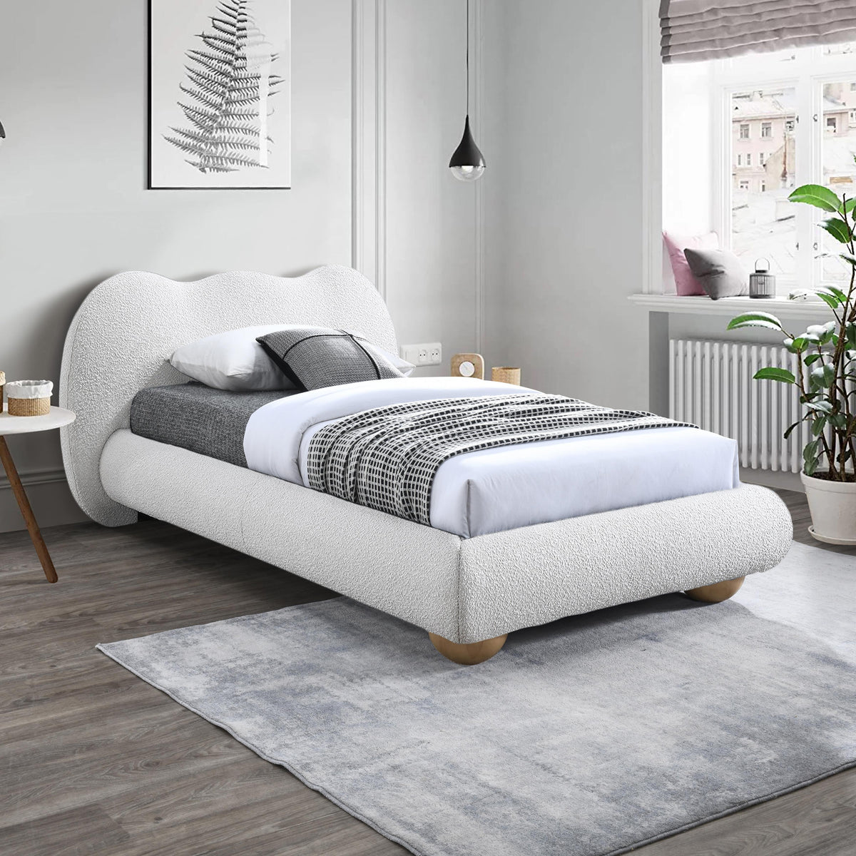 Meridian Hyde Cream Boucle Fabric Twin Bed (3 Boxes)