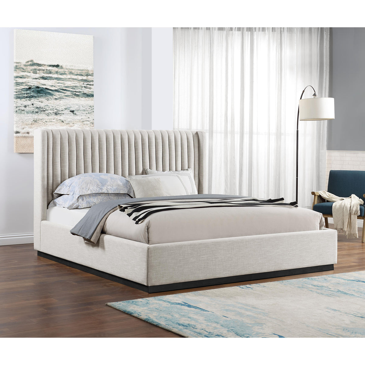 Meridian Logan Beige Linen Textured Fabric King Bed
