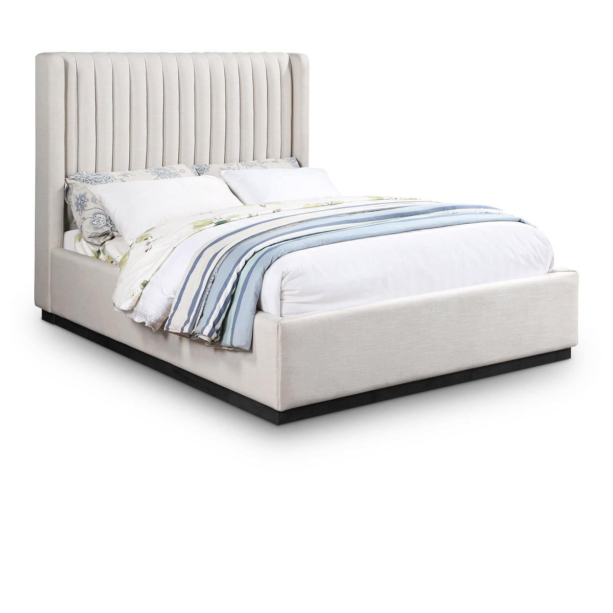 Meridian Logan Beige Linen Textured Fabric Queen Bed