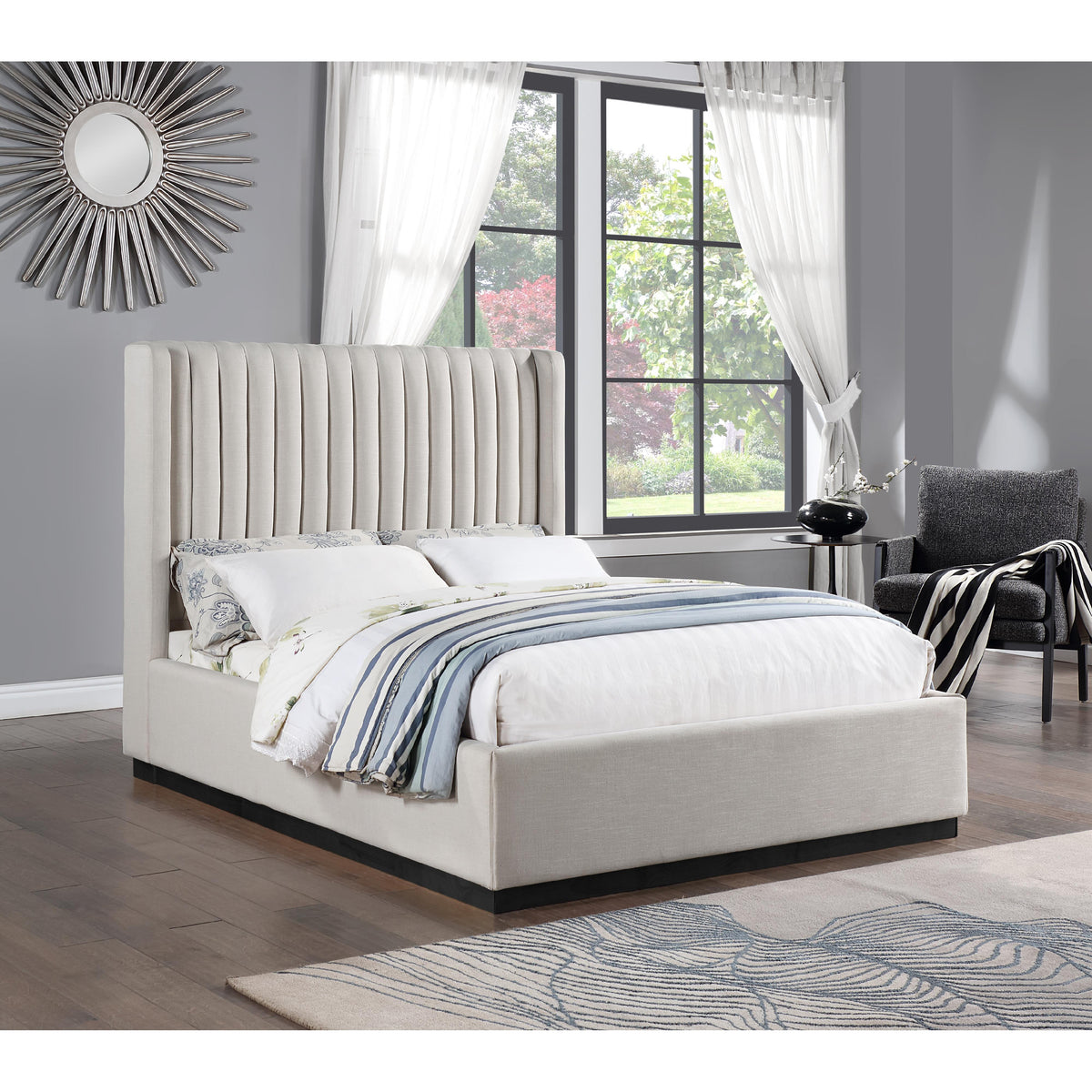 Meridian Logan Beige Linen Textured Fabric Queen Bed