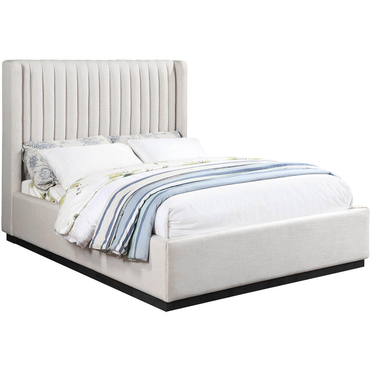 Meridian Logan Beige Linen Textured Fabric Queen Bed