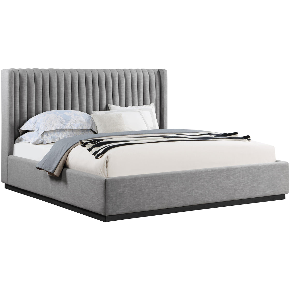 Meridian Logan Grey Linen Textured Fabric King Bed